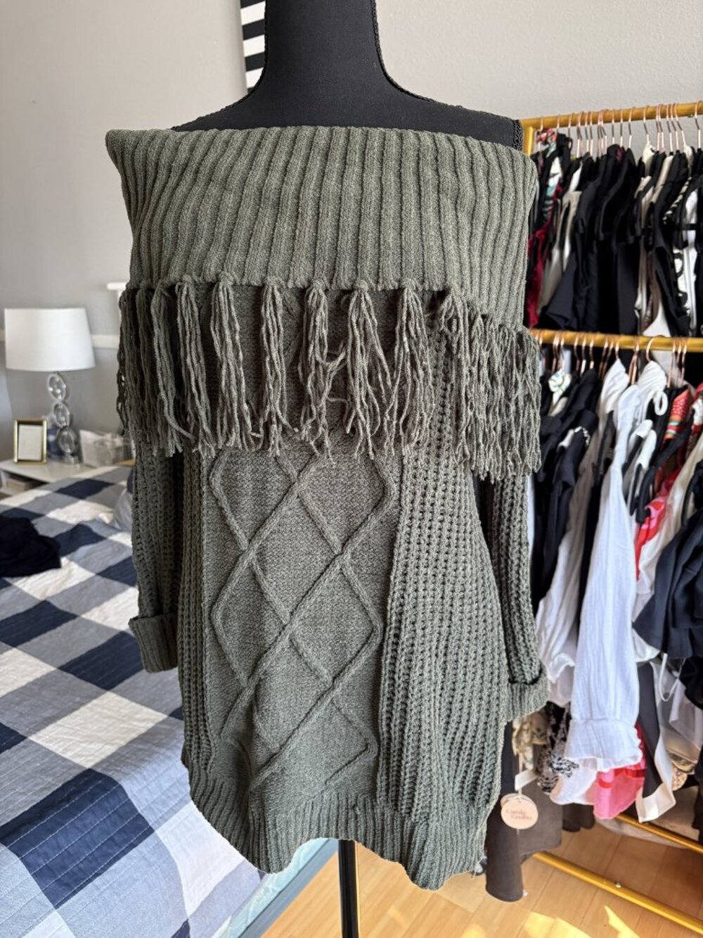 Fashion Nova Olive Fringe Off-Shoulder Sweater Dress